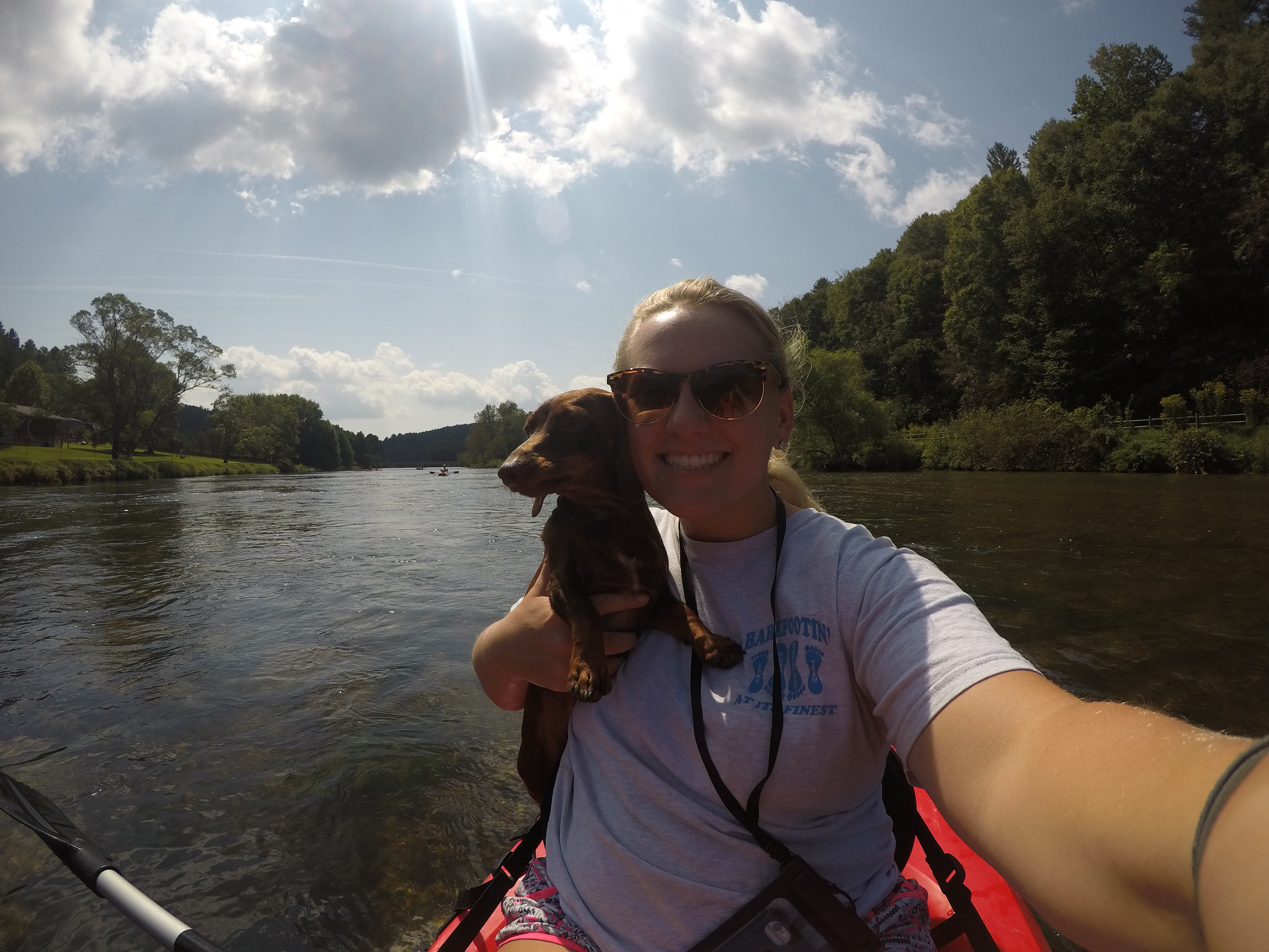 camping the new river, gopro, dachshund