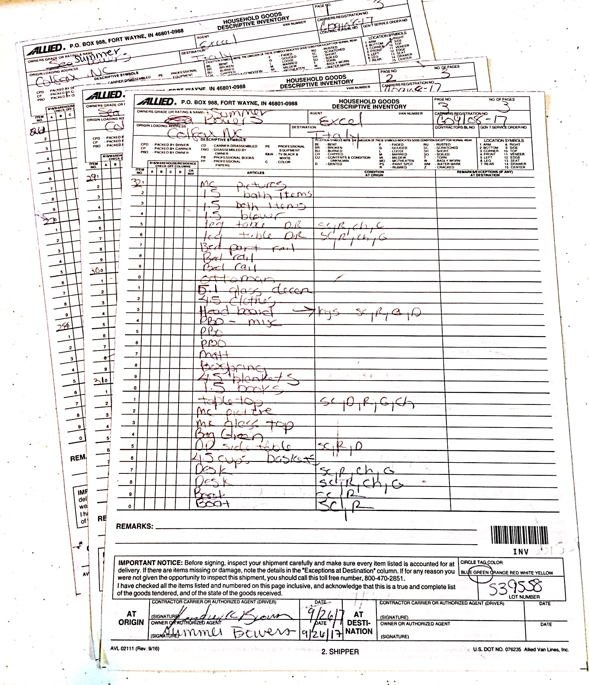 hhg pack out inventory list