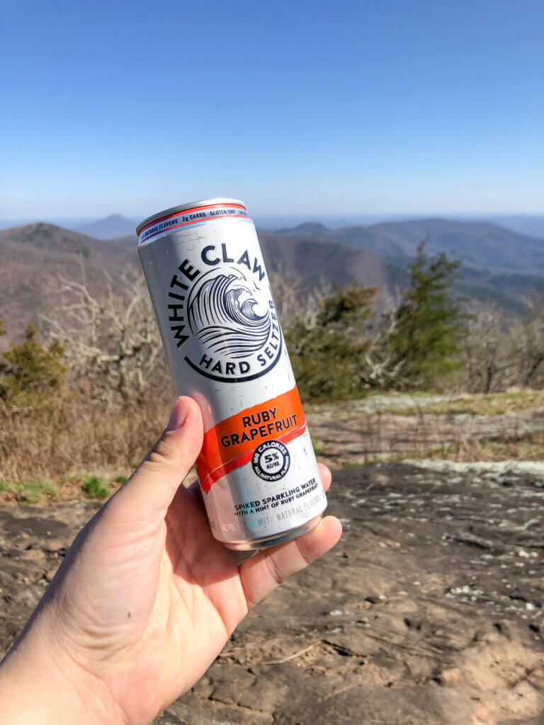 backpacking Appalachian trail, cowrock mountain view, whiteclaw hard seltzer