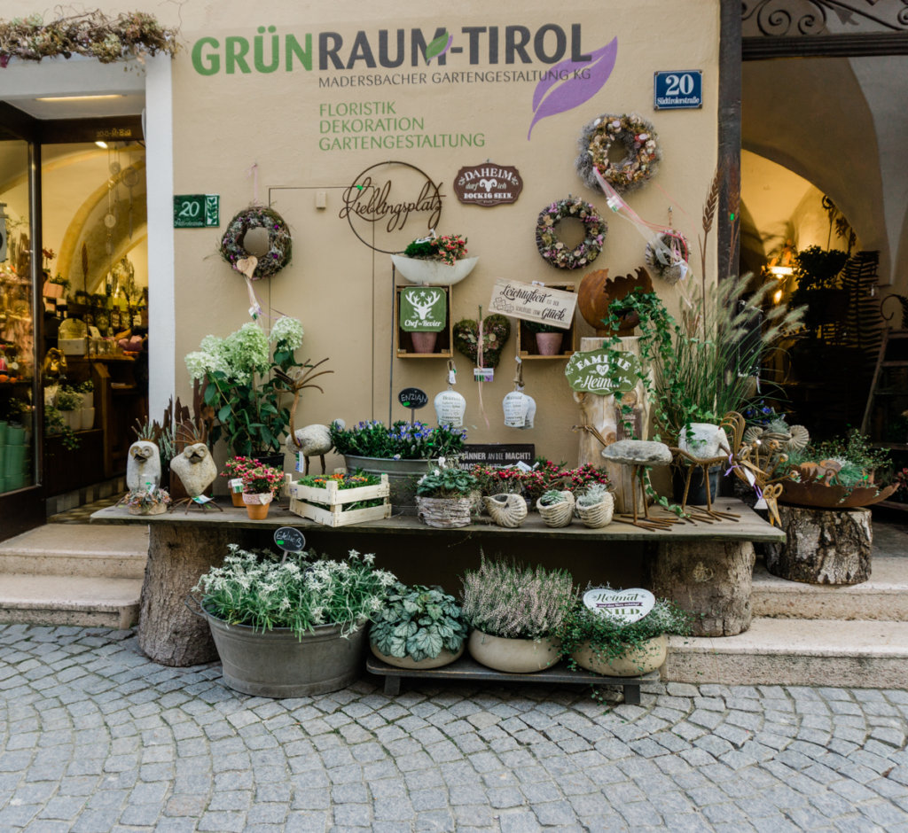 Flower shop along the pedestrian zone in Rattenburg, Austria