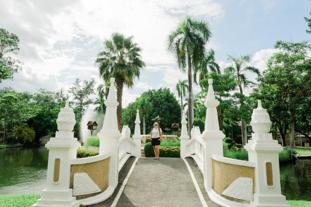 Nong Buak Hard Public Park bridge and coconut trees in Chiang Mai, Thailand
