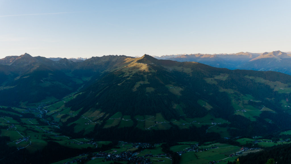 View of Alpbachtal Seenland from Gratlspitz near Alpbach, Austria
