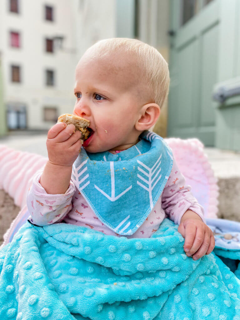 infant eating sausage on the bank of danube river