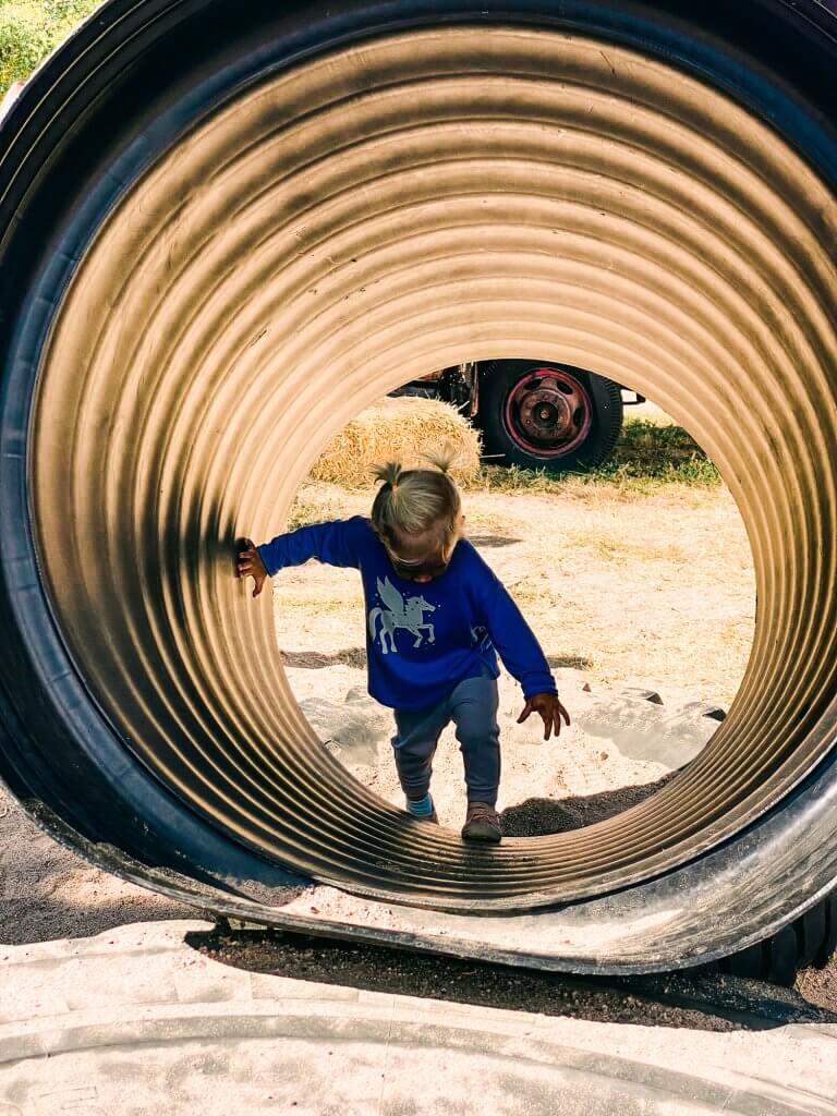 toddler climb through pipe slide